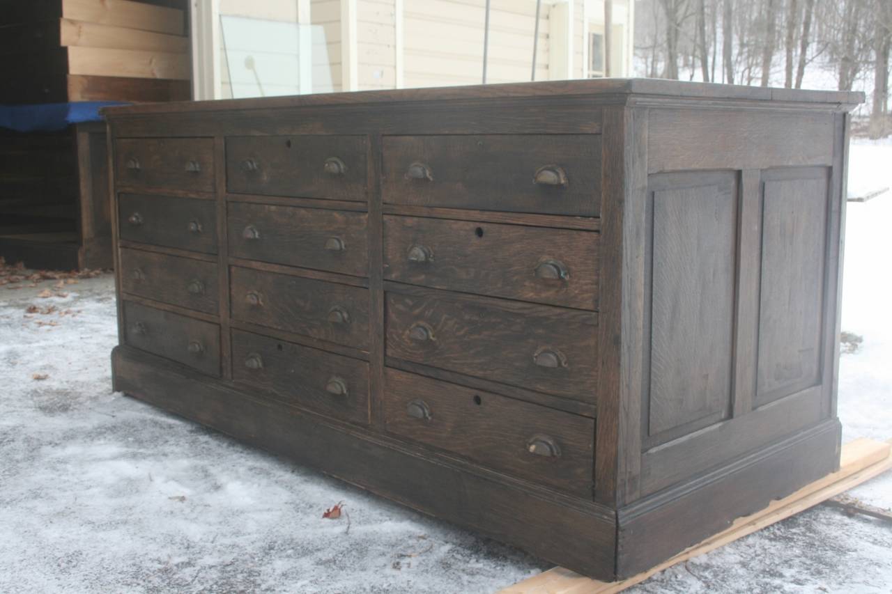 Huge 19th c.Dark Oak Architect's Cabinet or multiple drawer cabinet in 2 parts.   . This first section pictured is 6' long and the other cabinet section is 9' long for a total of 15'.  They are being sold as two units that can go side by side like