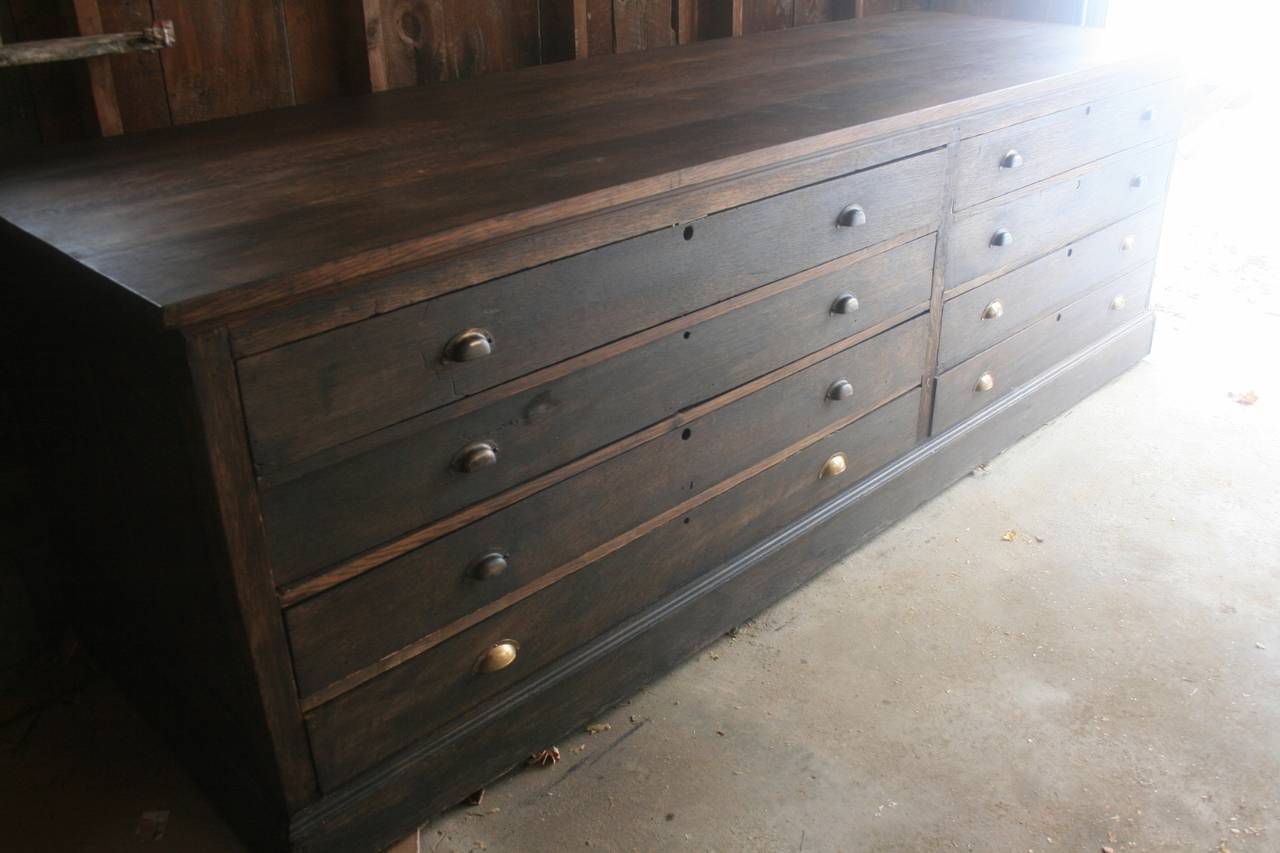 American Huge 15' 19th Century Dark Oak Architect's Cabinet Multiple Drawer System