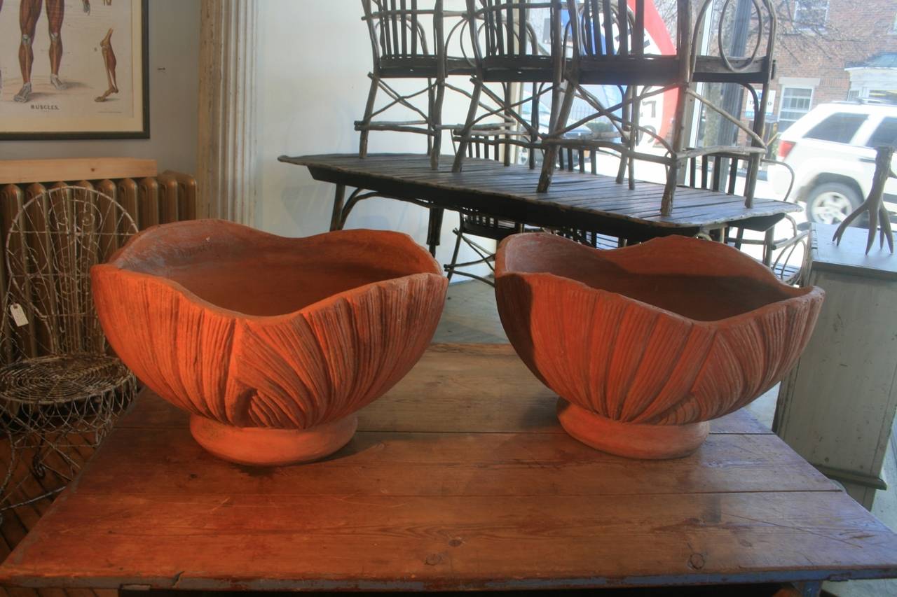 This is a beautiful pair of terracotta Italian planters from the nineteen fifties.  They  have been in storage for years and so appear new. Lots of hand work on the leaf motif.