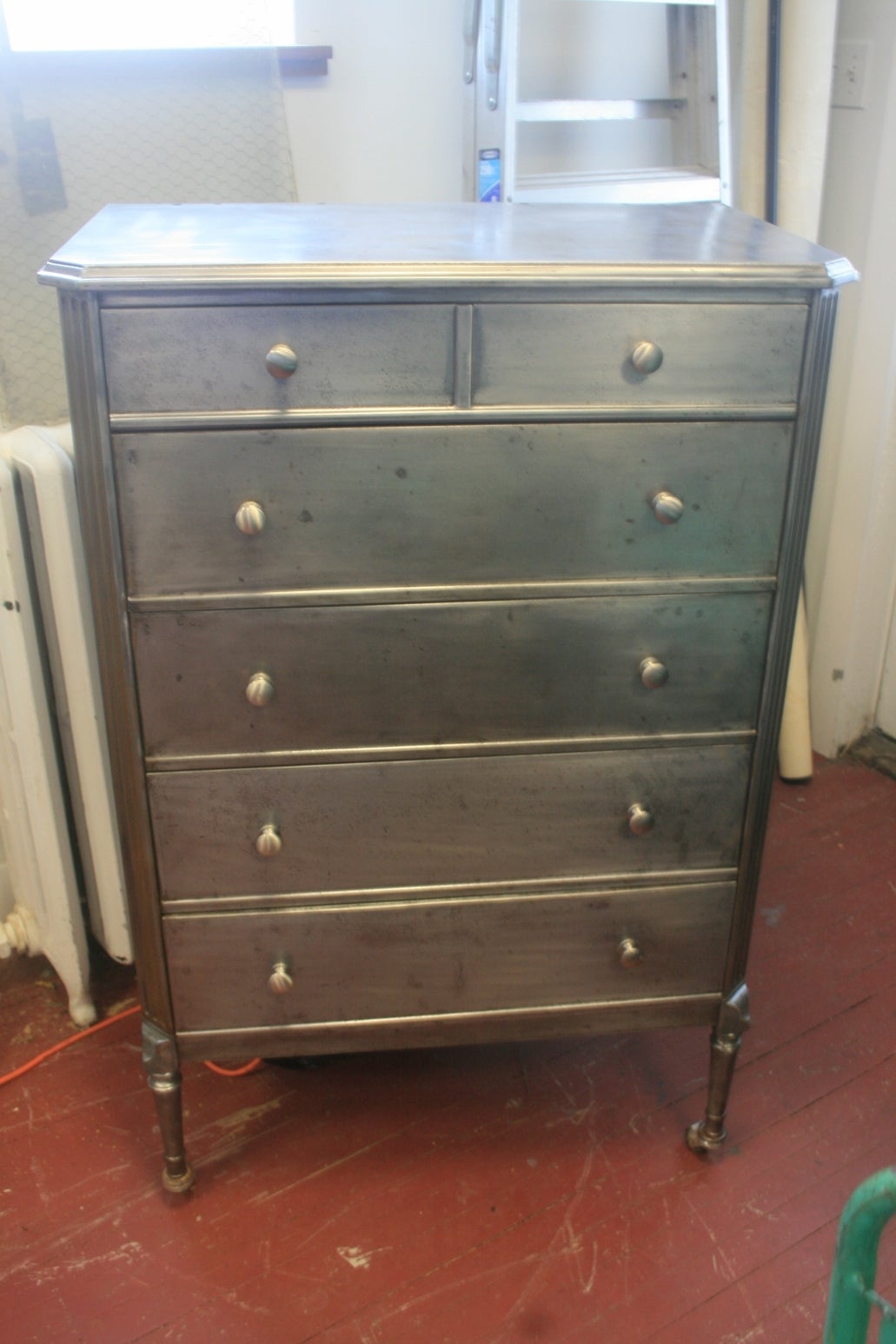 This beautiful Industrial look steel dresser made by the Simmons Co. circa 1930 is a match to the one I have on 1stdibs next to it, but was found with a little less rust that I had to remove..  This dresser like all of the Simmons steel furniture