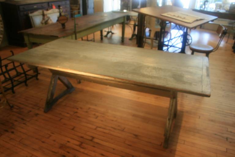 Painted American Sawbuck Table Industrial Silver In Excellent Condition In North Beninngton, VT