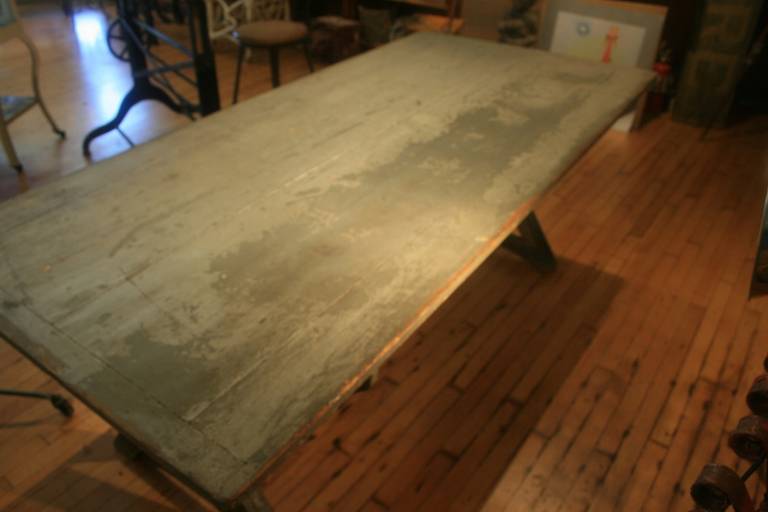 20th Century Painted American Sawbuck Table Industrial Silver