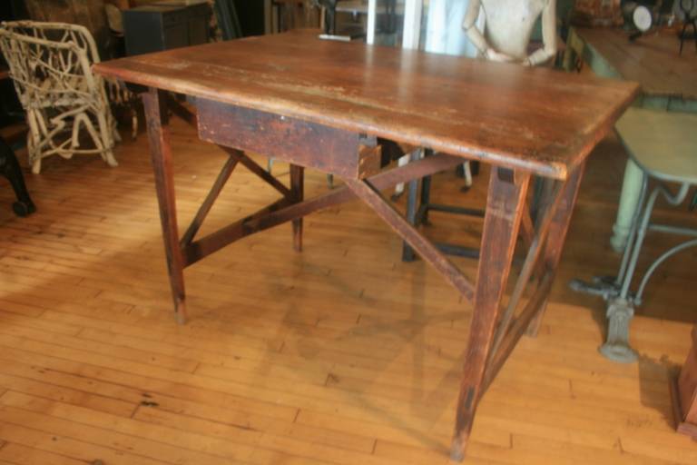 Beautiful architect designed table from Tiverton Rhode Island, circa 1890. The cross pieces and the proportions of this piece are striking, like some things only made for function can be beautiful without trying to be. It has one drawer in the