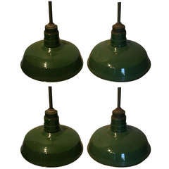 Set of 4 Vintage Green Enamel Industrial Lights