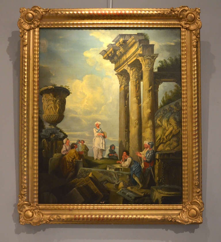 Pair of oil paintings depicting landscape with classical ruins and figures.
 Follower of Giovanni Paolo Pannini. 
One canvas has been restored in the past. The paintings retain their original  giltwood frames in perfect condition. One of them has