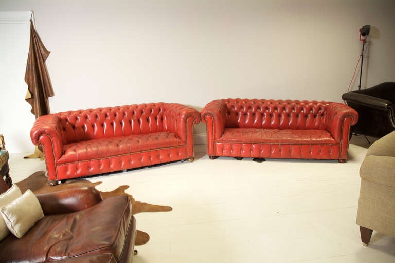 Vintage Leather Chesterfield Sofas in Pillar Box Red For Sale 2