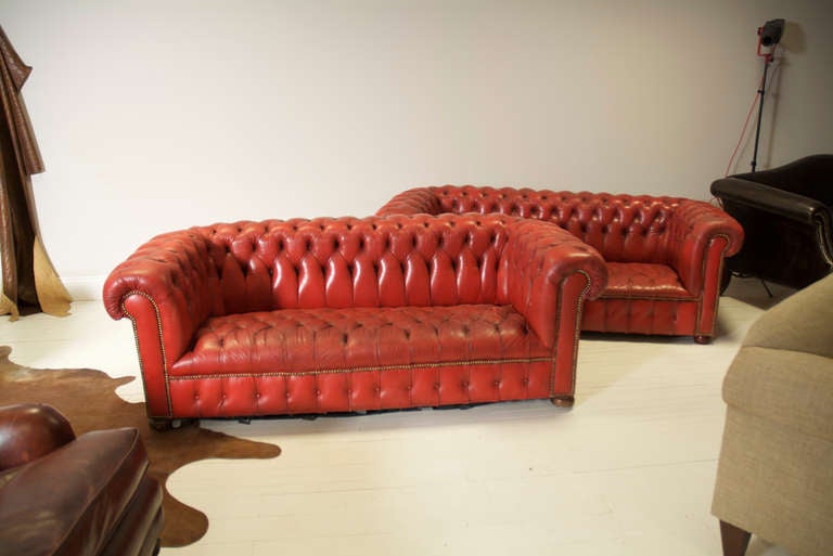 Vintage Leather Chesterfield Sofas in Pillar Box Red For Sale 3