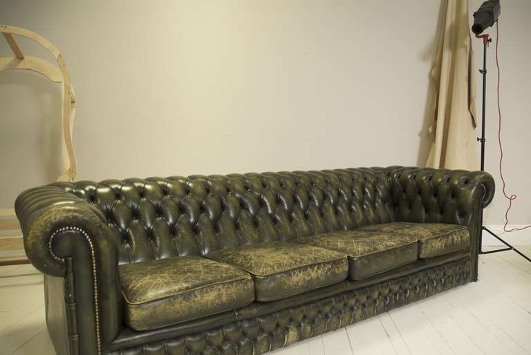 British Vintage Emerald Green Leather Four Seater Chesterfield Sofa
