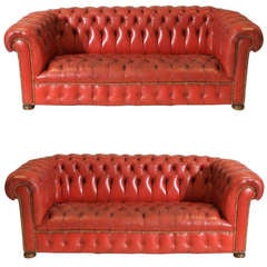 Vintage Leather Chesterfield Sofas in Pillar Box Red