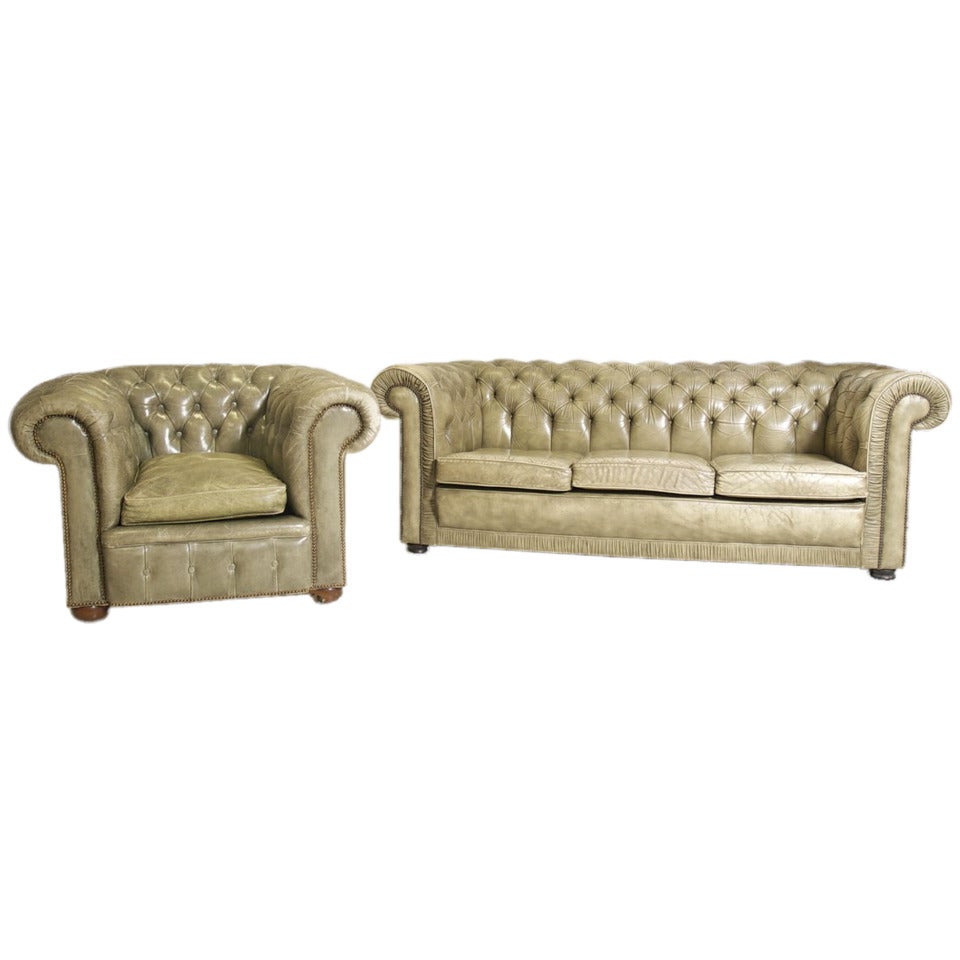 Rustic Vintage Chesterfield Sofa and Matching Chair For Sale at 1stDibs