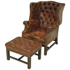 Vintage Mid-Century Queen Anne Wing Back Chair & Footstool