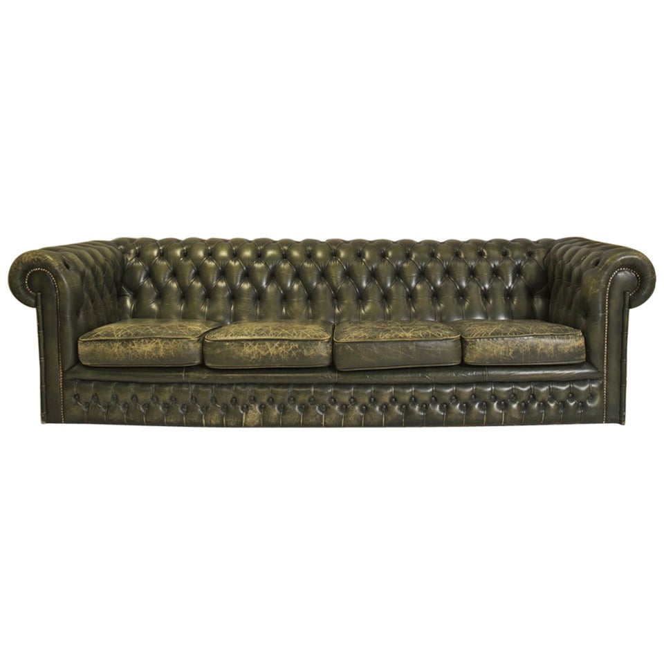 Vintage Emerald Green Leather Four Seater Chesterfield Sofa