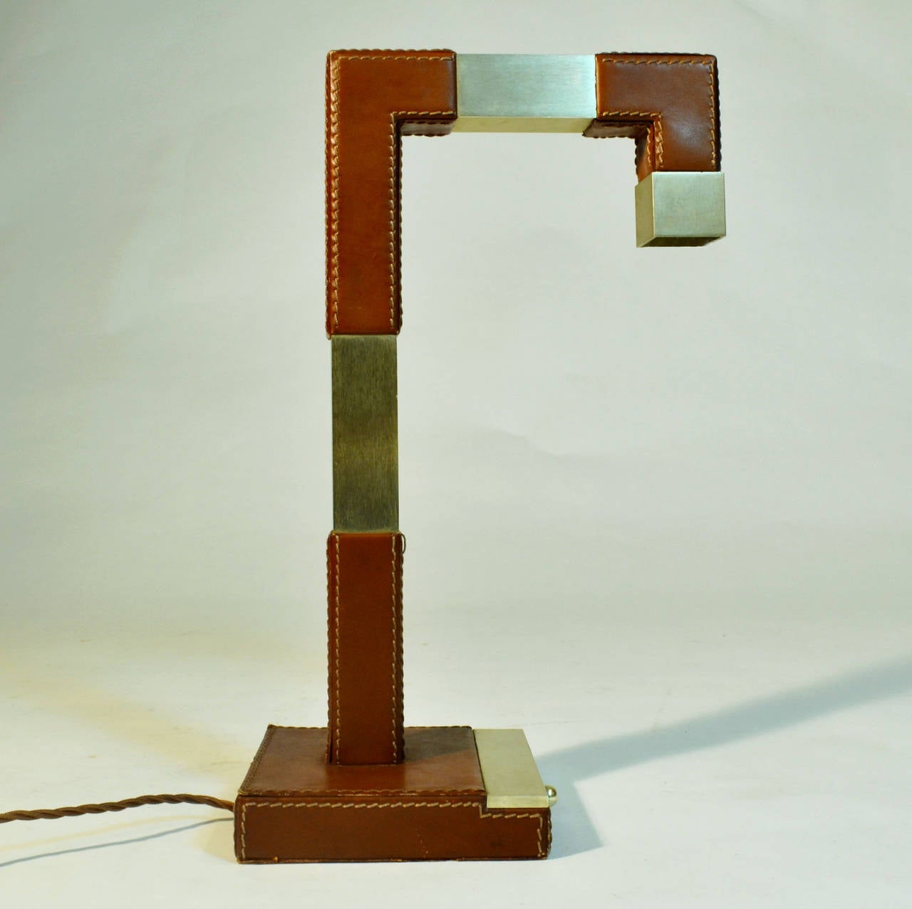 Mid Century Modern French Leather and Brass Table Lamp by Tanneur 4