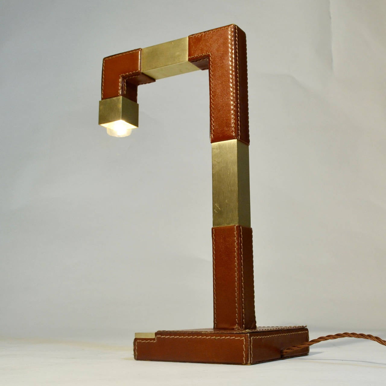 Mid Century Modern French Leather and Brass Table Lamp by Tanneur In Excellent Condition In London, GB