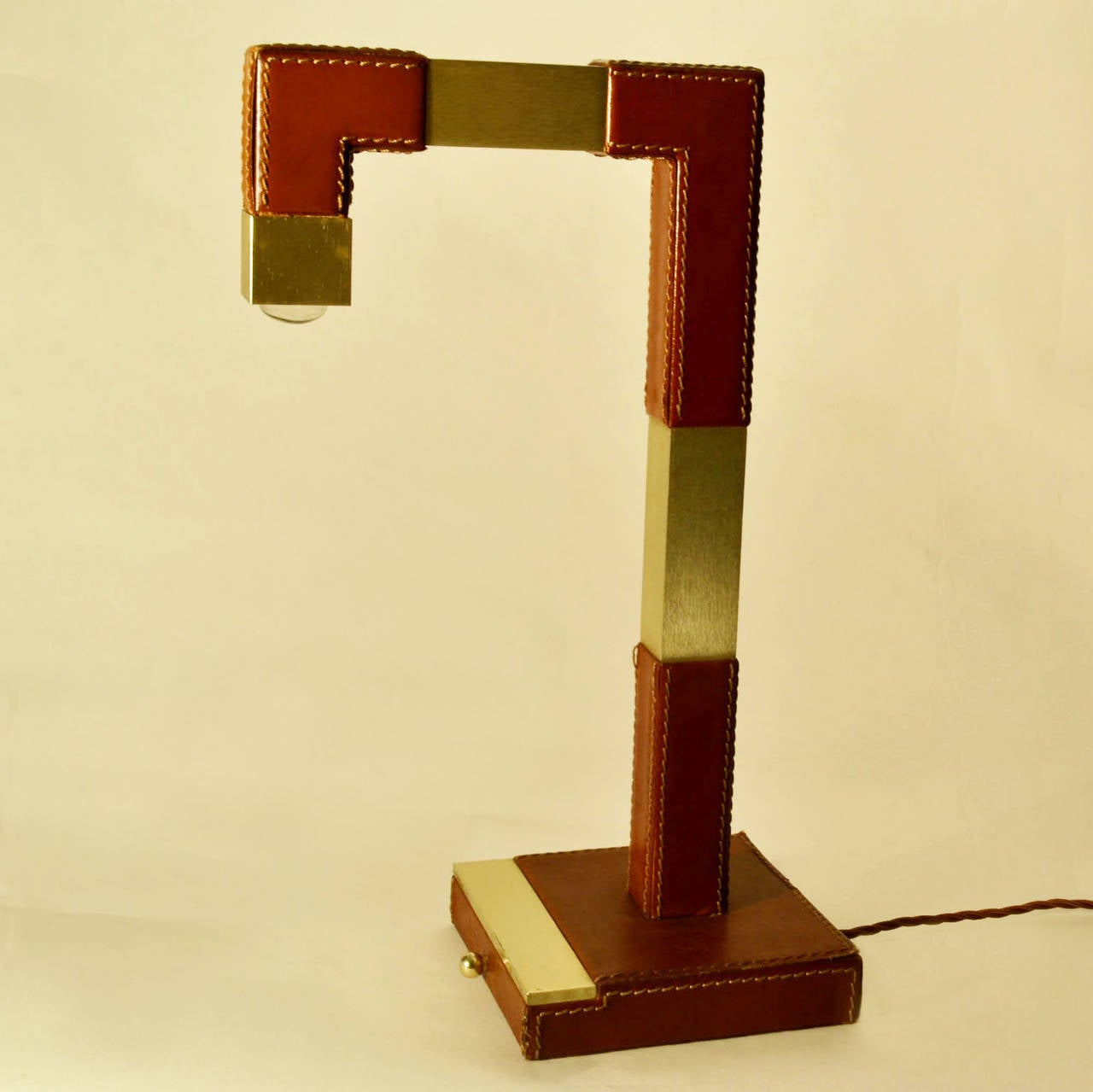 Mid Century Modern French Leather and Brass Table Lamp by Tanneur 3