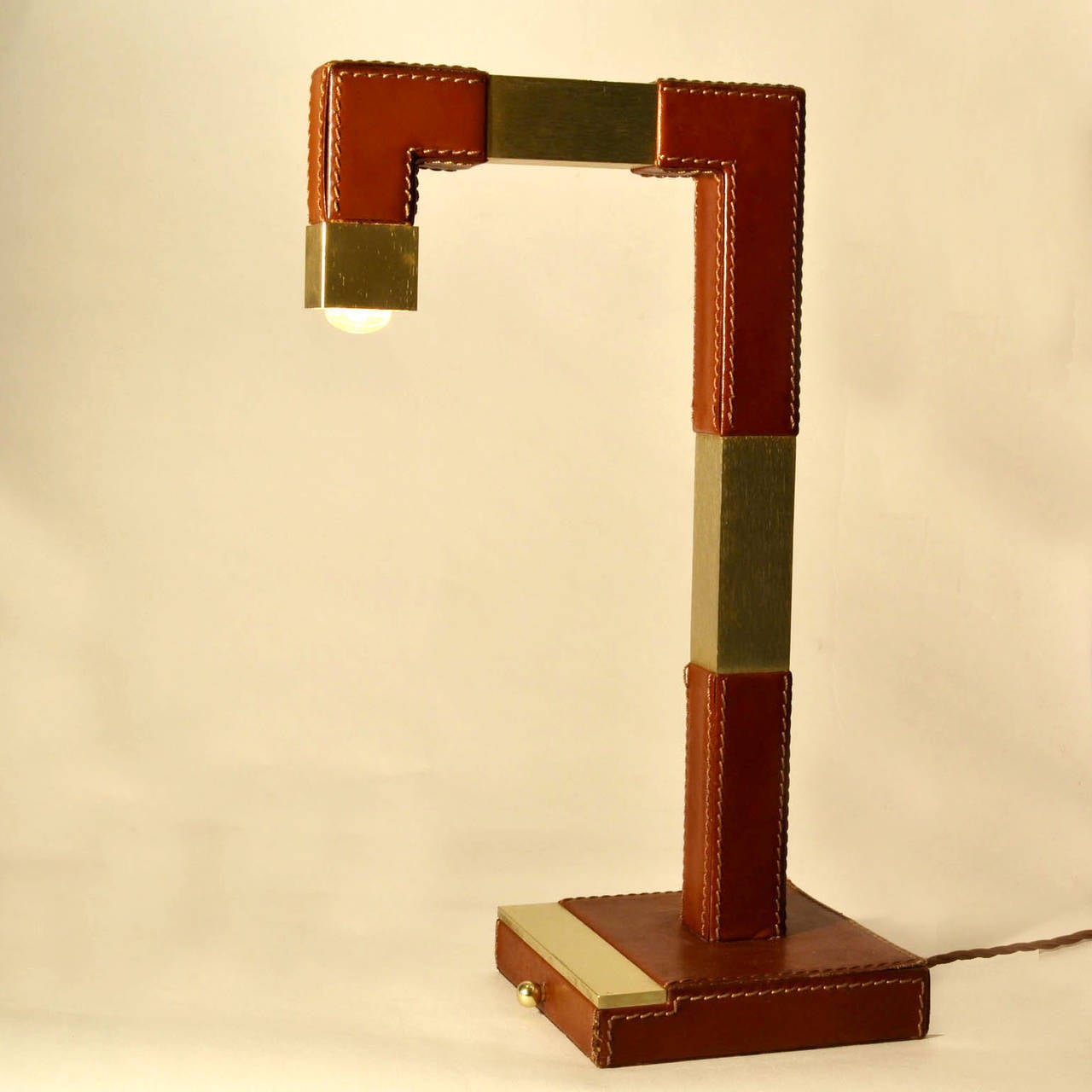 Mid Century Modern French Leather and Brass Table Lamp by Tanneur 2