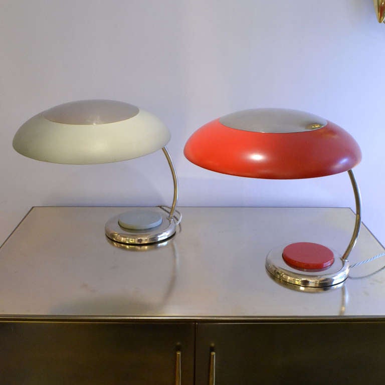 Mid-20th Century Pair of 1950s Grey and Nickel Metal Table or Desk Lamps Bauhaus Style