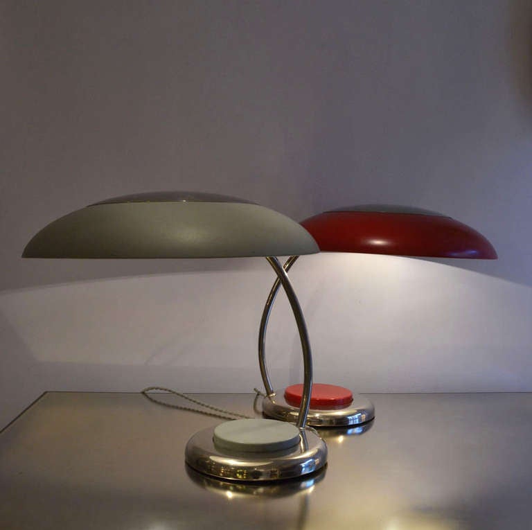 Pair of 1950s Grey and Nickel Metal Table or Desk Lamps Bauhaus Style In Excellent Condition In London, GB