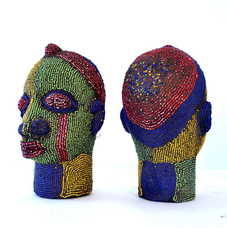 Nigerian Beaded Female Head Sculpture in Yellow, Green and Red 1