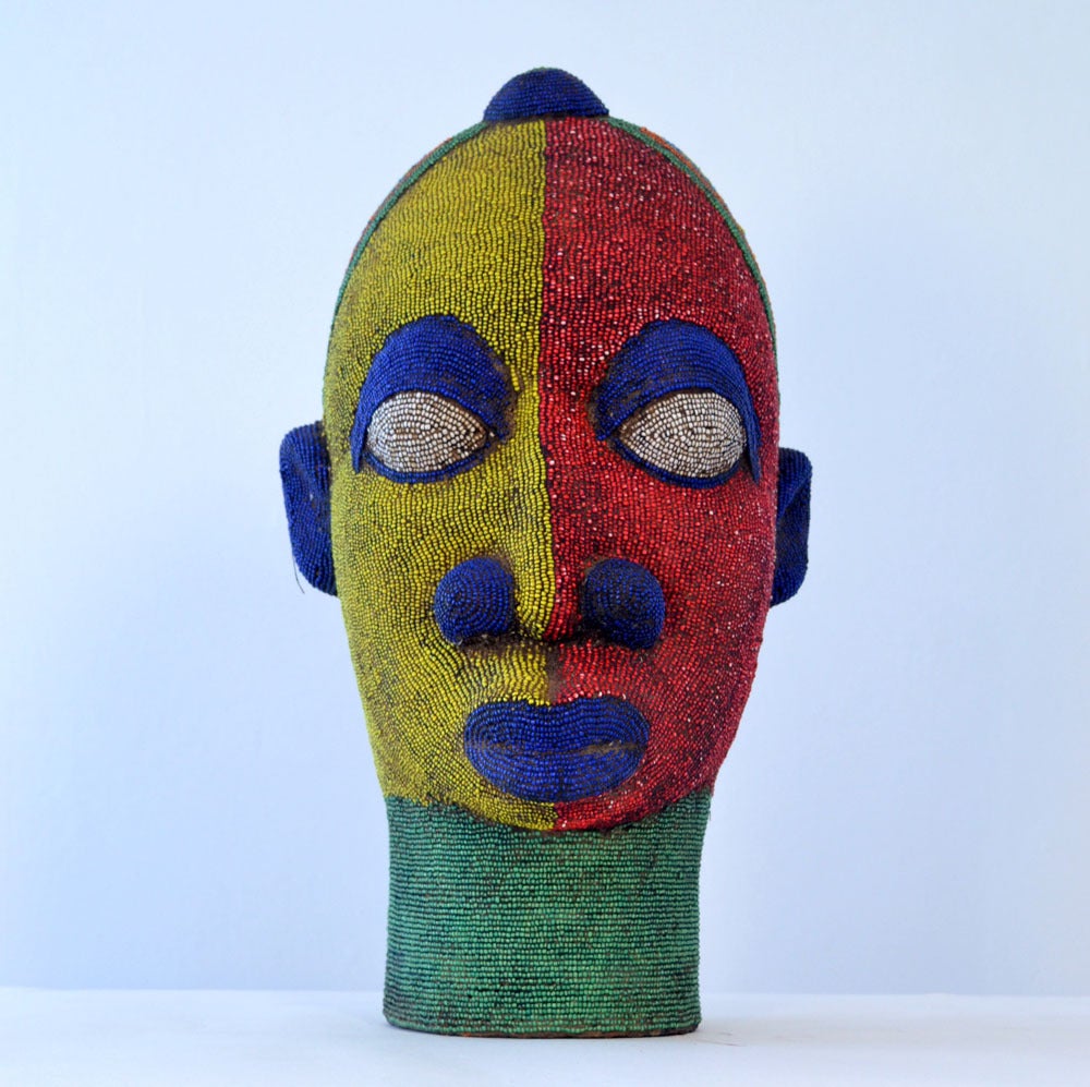 1960s Large Female Beaded Head Sculpture in Primary Colors
