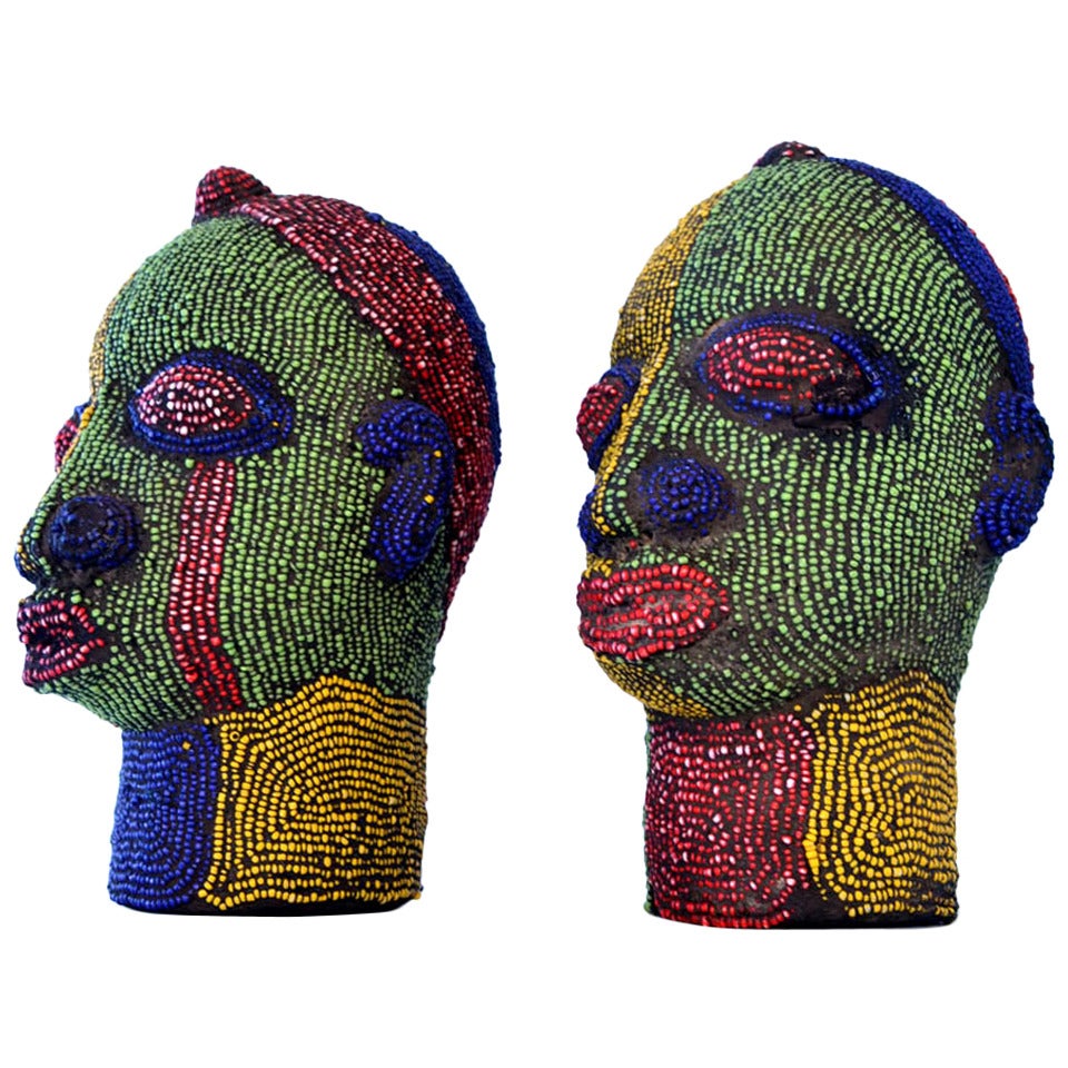 Nigerian Beaded Female Head Sculpture in Yellow, Green and Red