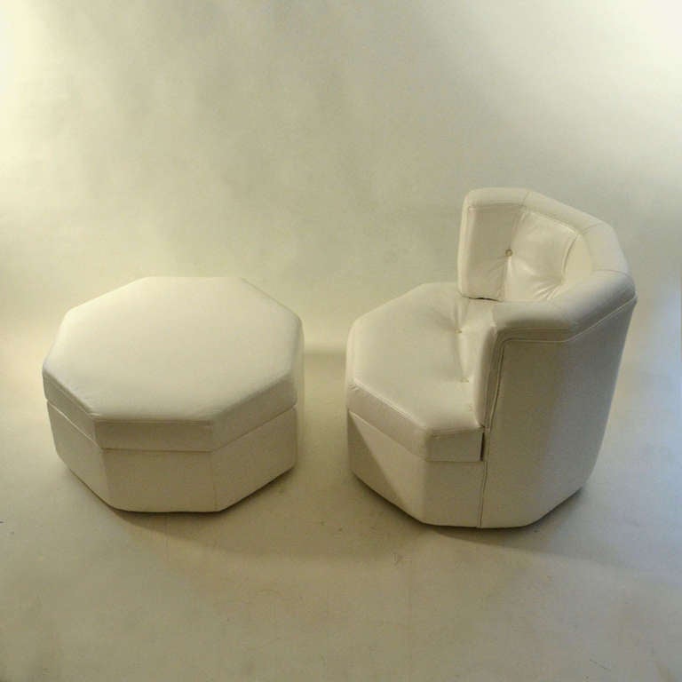 European 1960's Minimal Othogonal Chair and Stool in White Leather