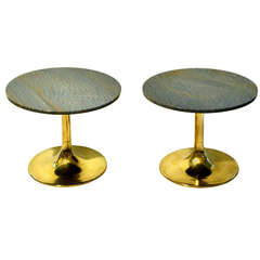 Pair of French Azure Marble and Bronze Side Tables