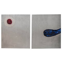 Two Etched Metal Paintings with Red & Blue Enamel, 1980's Dutch