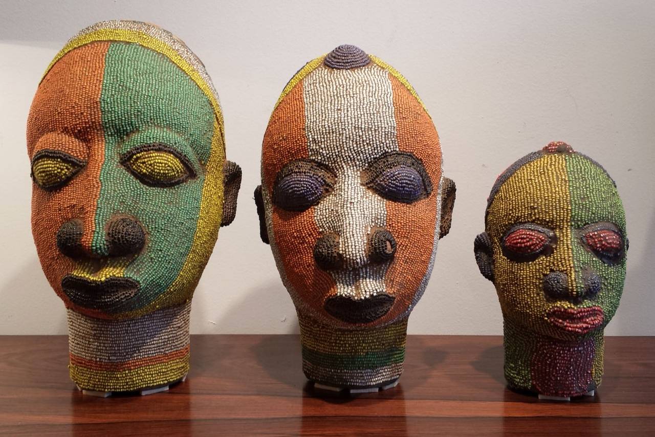 20th Century Nigerian Beaded Female Head Sculpture in Yellow, Green and Red