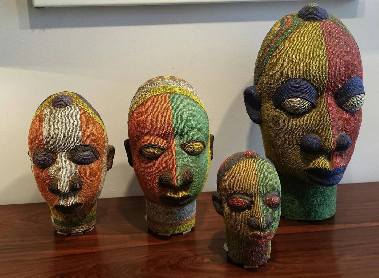 Beads Nigerian Beaded Female Head Sculpture in Yellow, Green and Red