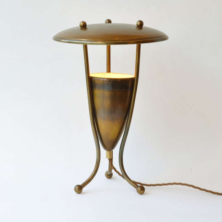 1950's French Brass Table Lamp on Tripod Legs 1