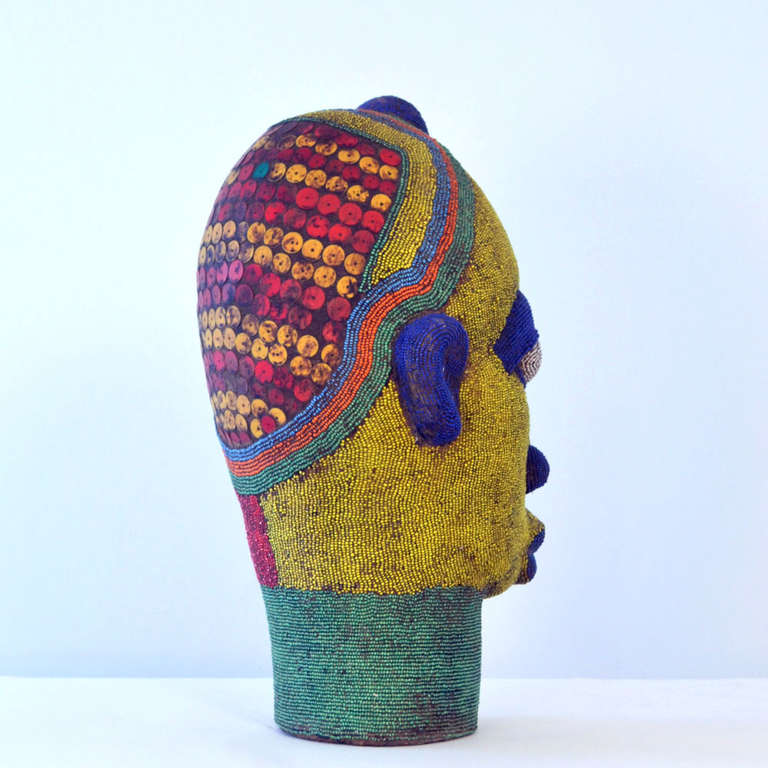 Nigerian 1960s Large Female Beaded Head Sculpture in Primary Colors