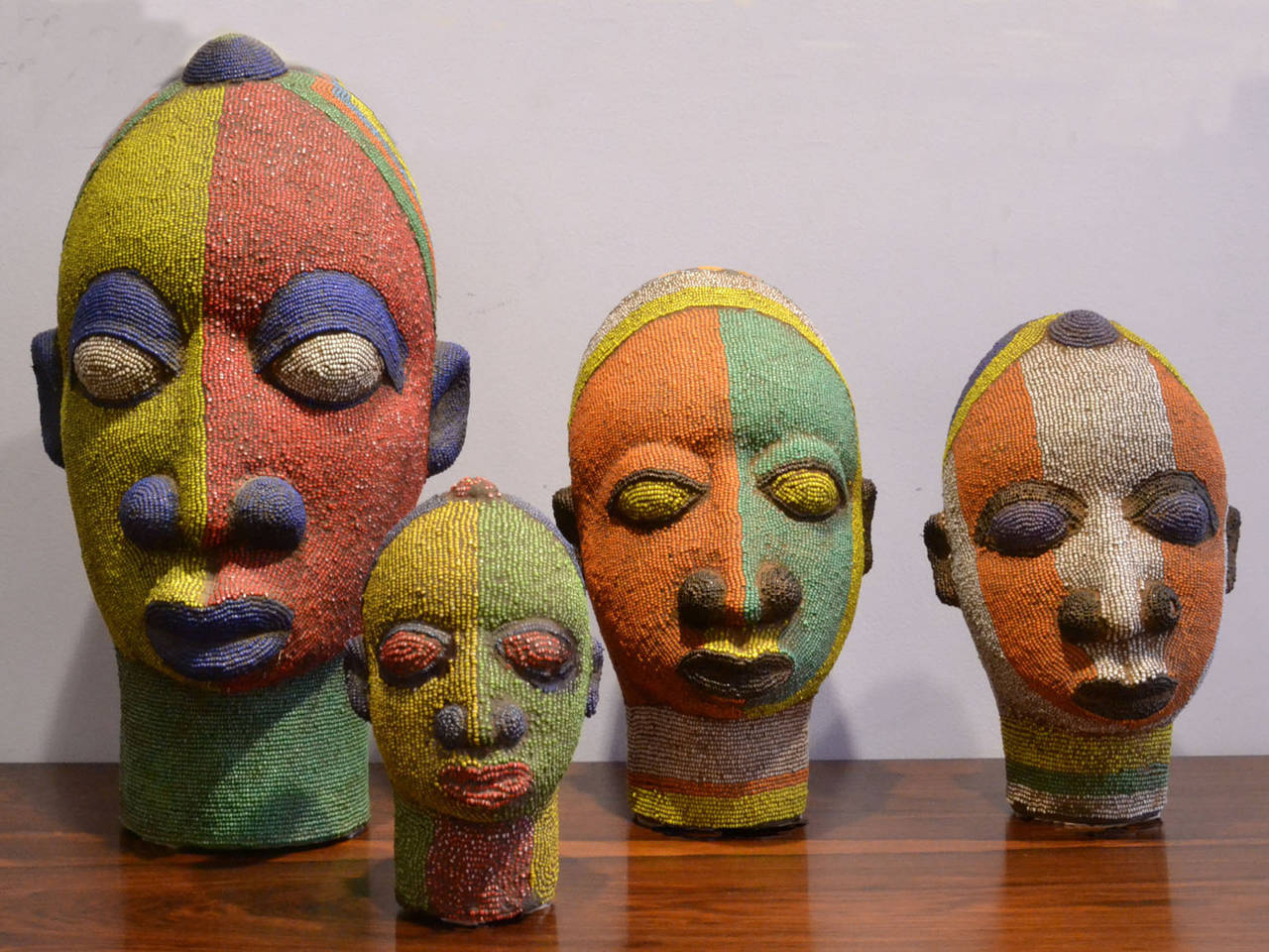 Nigerian Beaded Female Head Sculpture in Yellow, Green and Red In Good Condition In London, GB