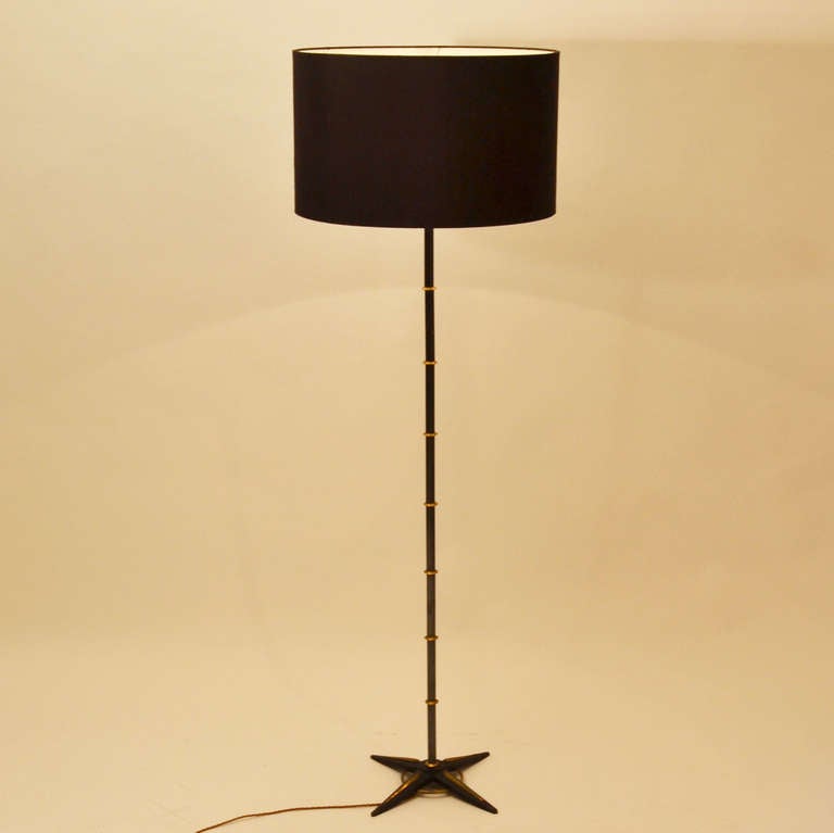 An enamel black floor lamp with rings of brass running down its leg and finishes with an ornamental star shape metal cast iron foot in black with brass details.