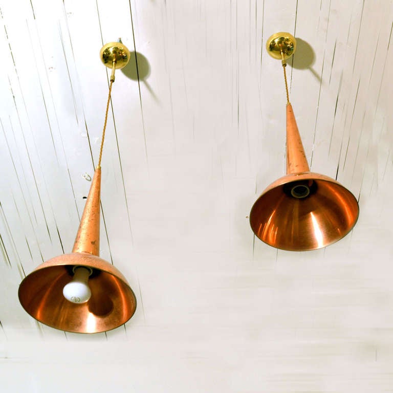 Brass 1950s, Pair of Danish Copper Lamps by Fog & Morup