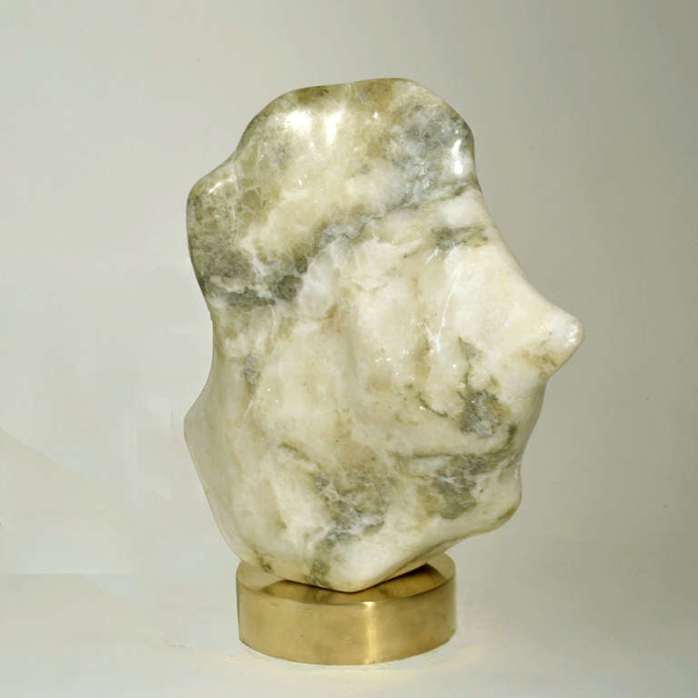 Mid-Century Modern Abstract White and Jade Marble Sculpture on Bronze Plinth