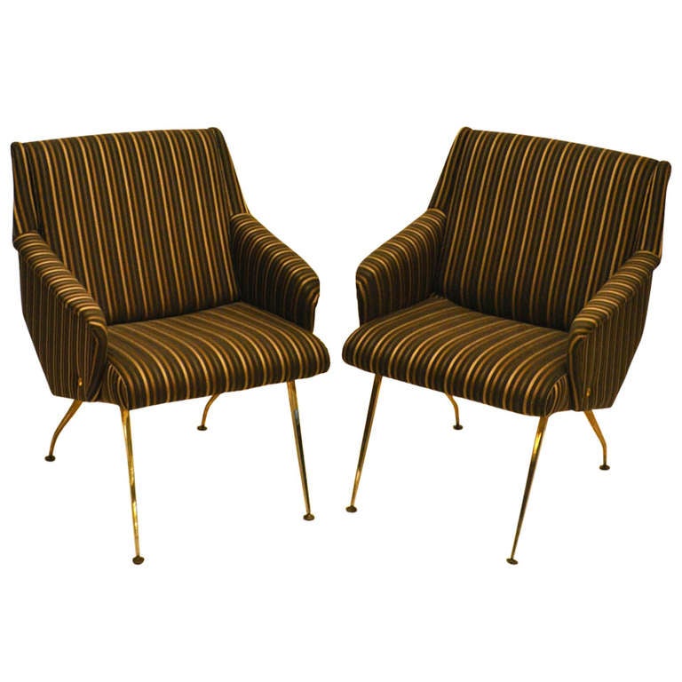 Pair of French Midcentury Lounge Chairs in Black and Gold Stripes For