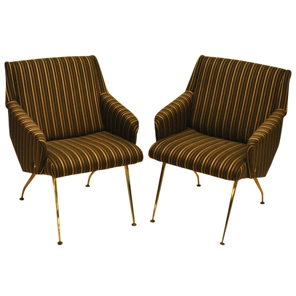 Pair of 1950's French Lounge Chairs in Luxurious Black and Gold Striped Fabric