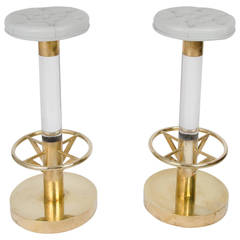 Pair of French Bar Stools in Brass Lucite and Leather