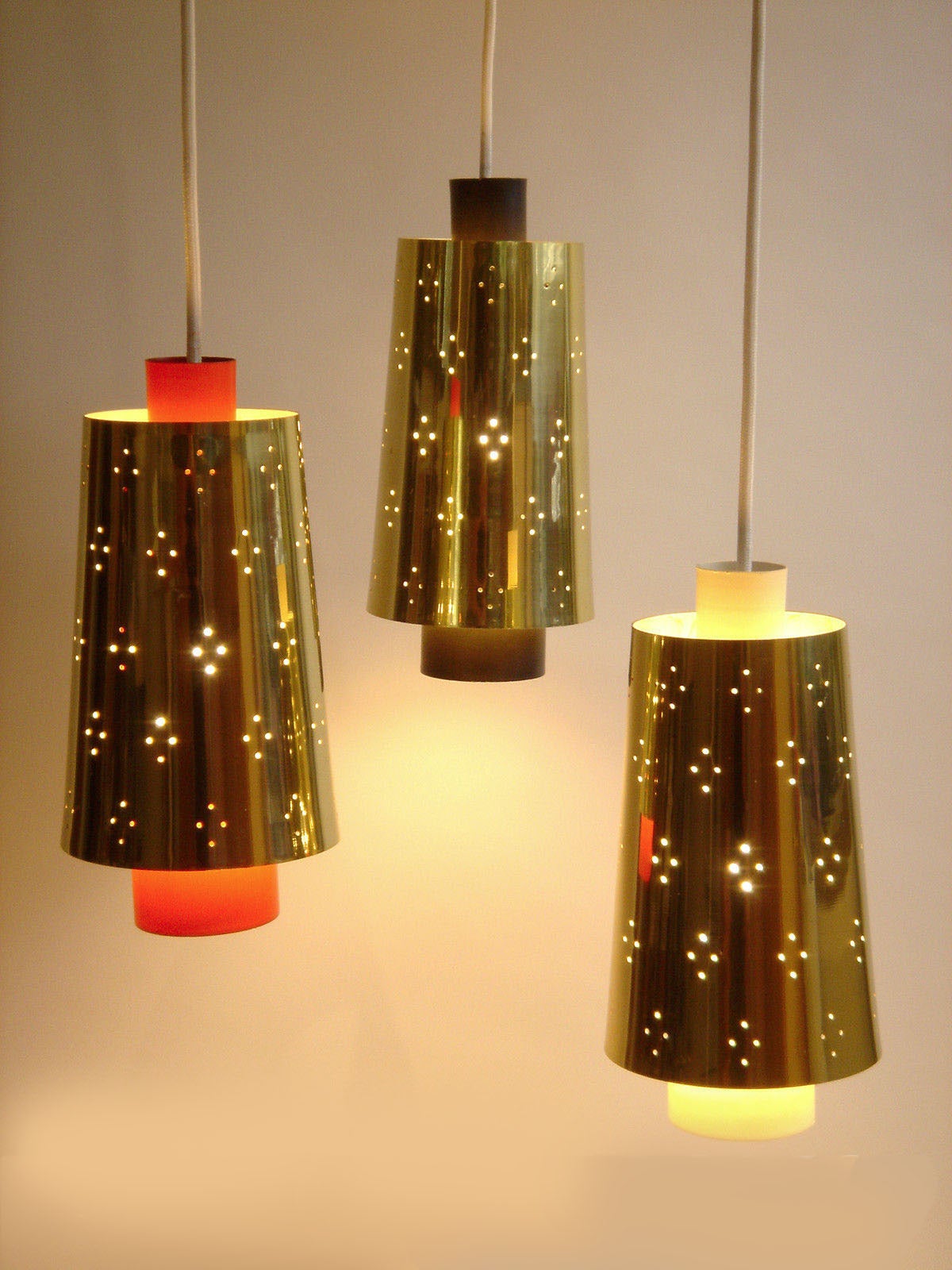 Three-Color Danish Chandelier with Perforated Brass Shades