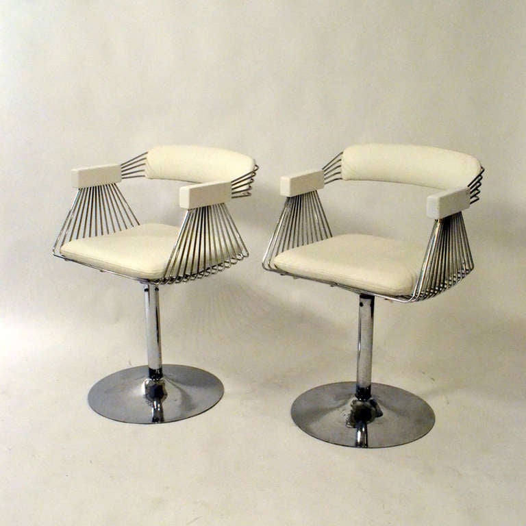 Belgian Set of Six Dining Chairs in Chrome and White Leather