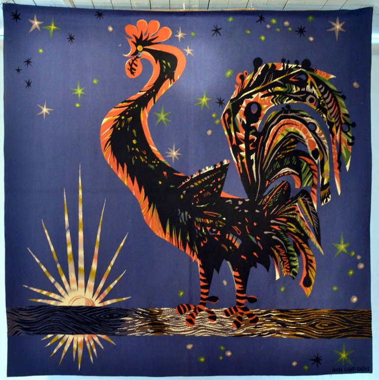 Original handwoven tapestry "Le Reveille Matin" designed by Marc Saint Saens (1903-1973), Aubusson and woven by Rene Baudonnet. Saint Saens was known as an influential Expressionist painter as well as a major artist in the Rebirth of