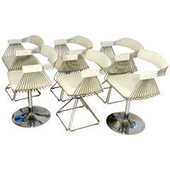 Set of Six Dining Chairs in Chrome and White Leather