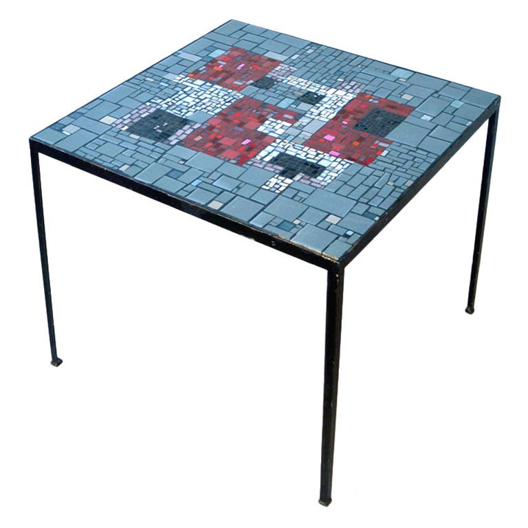 Square 1960's Mosaic Side Table in Grey and Red Tones