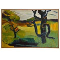 1950 Oil Painting of British Landscape in Vibrant Green Tones by Barbara Knight 5