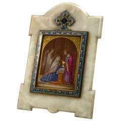 Enamelled and Champlevé Painting of Virgin Mary and Angel in Onyx Frame