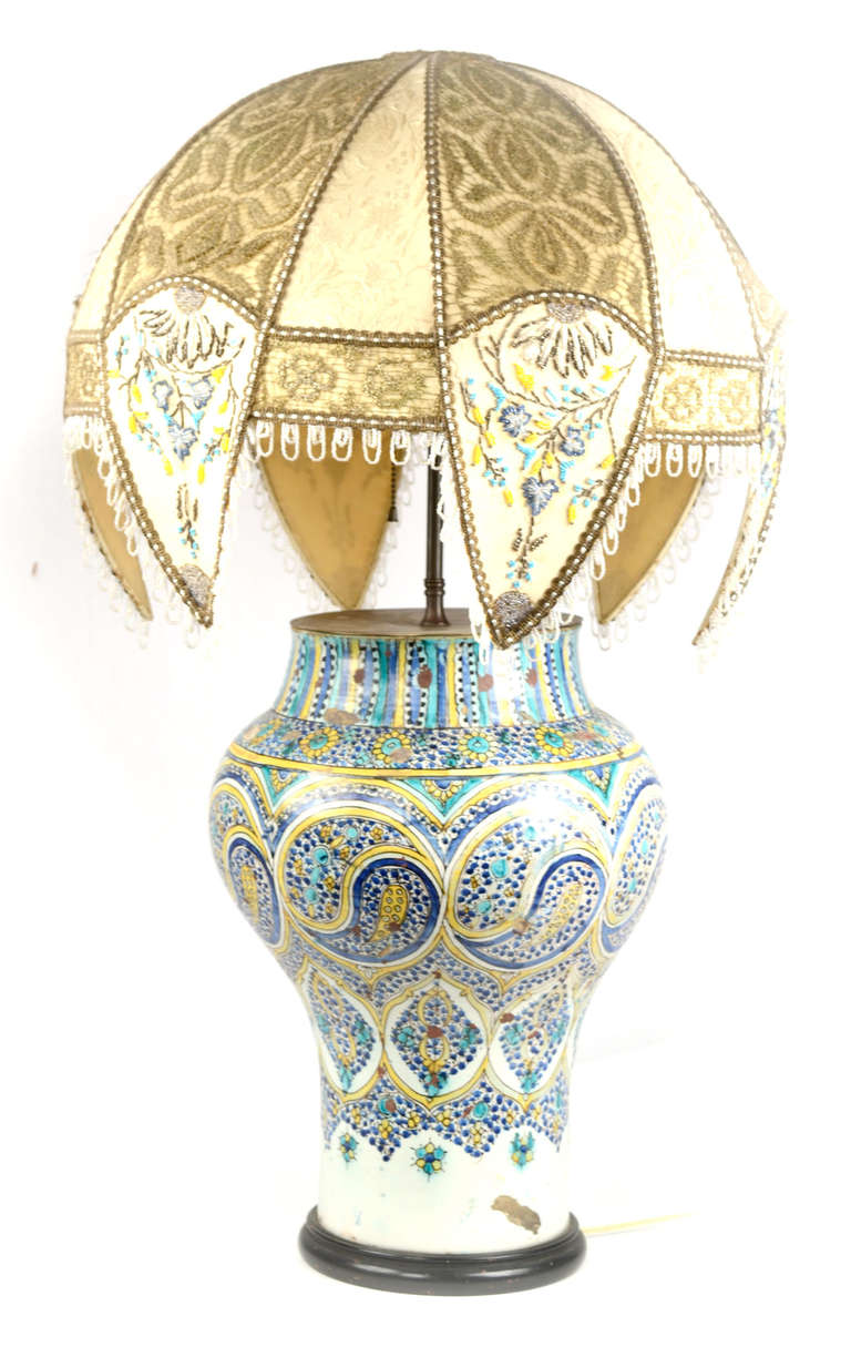 Islamic Lamped Iznik Vase with Embroidered Silk Shade For Sale
