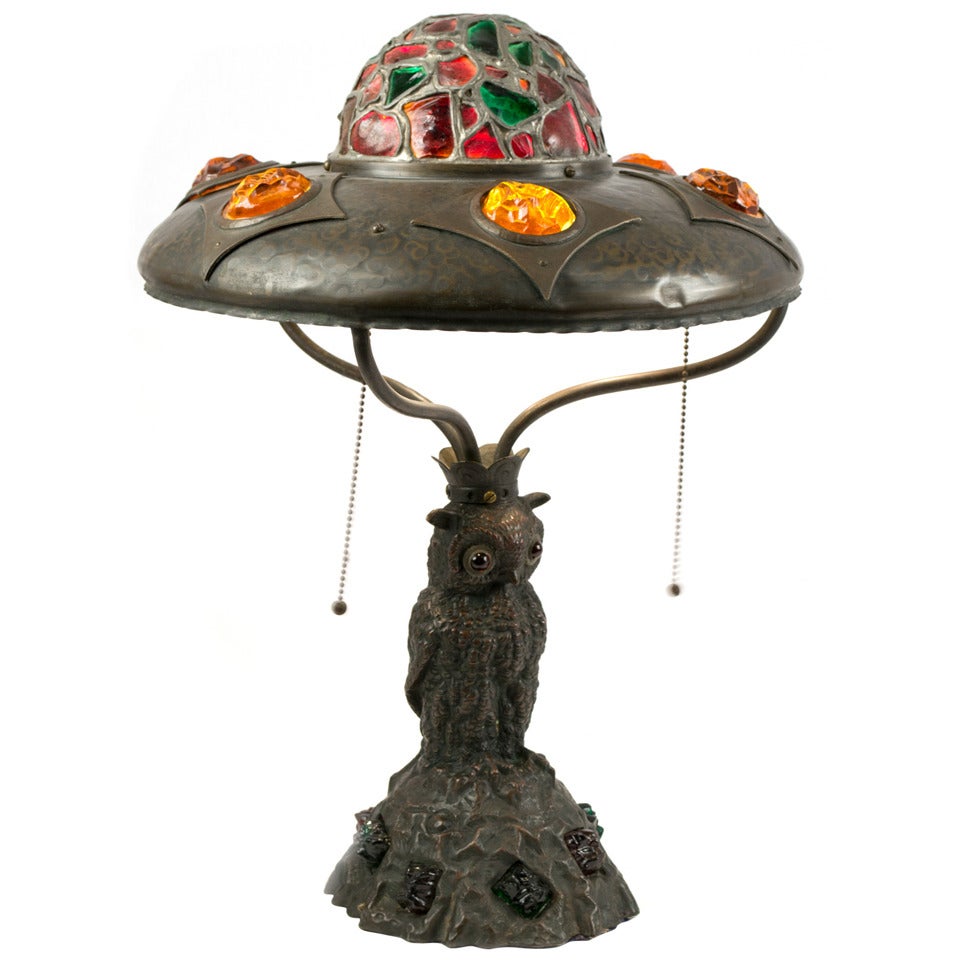 Sculpted Bronze Owl Table Lamp with Cut Glass For Sale