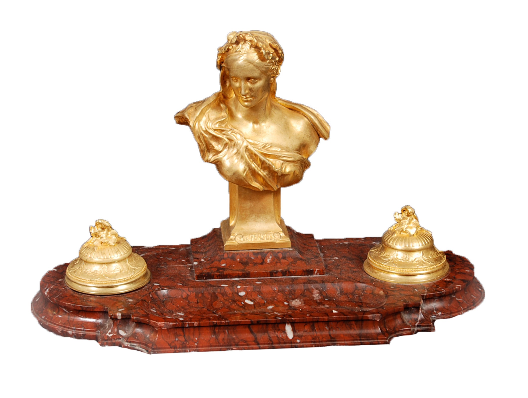 Monumental Gilt Bronze and Rouge Griotte Marble Inkwell For Sale