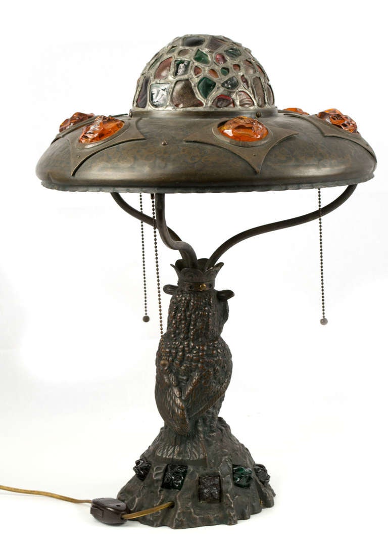 Art Nouveau Sculpted Bronze Owl Table Lamp with Cut Glass For Sale